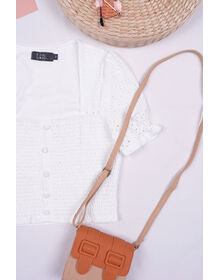 Fine Square Neck Shirred Front Button Down Eyelet Top (White)
